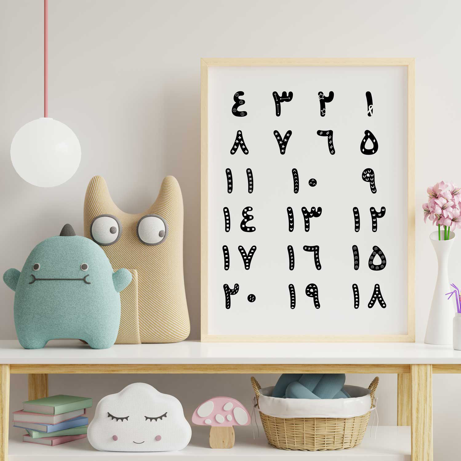 Arabic Numbers Educational Poster · لوحة الأرقام – black background with white numerals and English transcription, instant digital download.