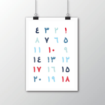 Arabic Numbers Poster in blue and red – playful printable wall art with Arabic numerals ٠–٩ and English transcription, perfect for nurseries.