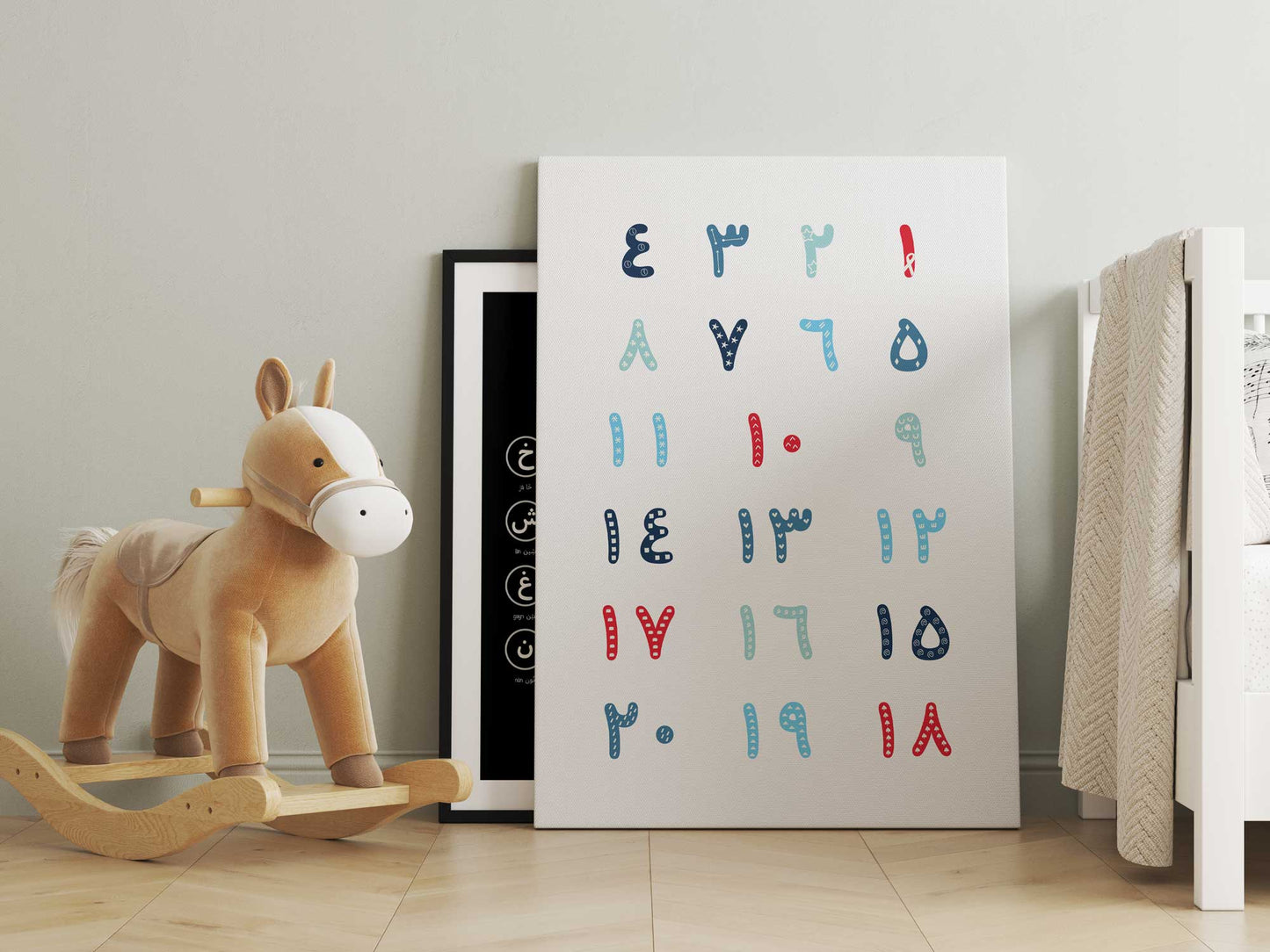 لوحة الأرقام العربية · Arabic Numbers Educational Poster – bright red and blue numbers on white background, digital learning printable.