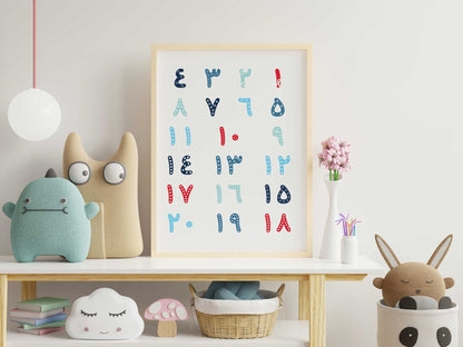 Arabic Numbers Printable Design – colorful educational wall art for kids’ rooms and homeschool spaces, designed by NicePick.