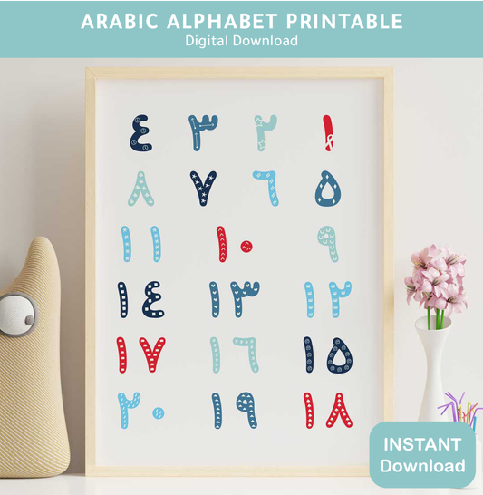 لوحة الأرقام العربية · Arabic Numbers Educational Poster – bright red and blue numbers on white background, digital learning printable.