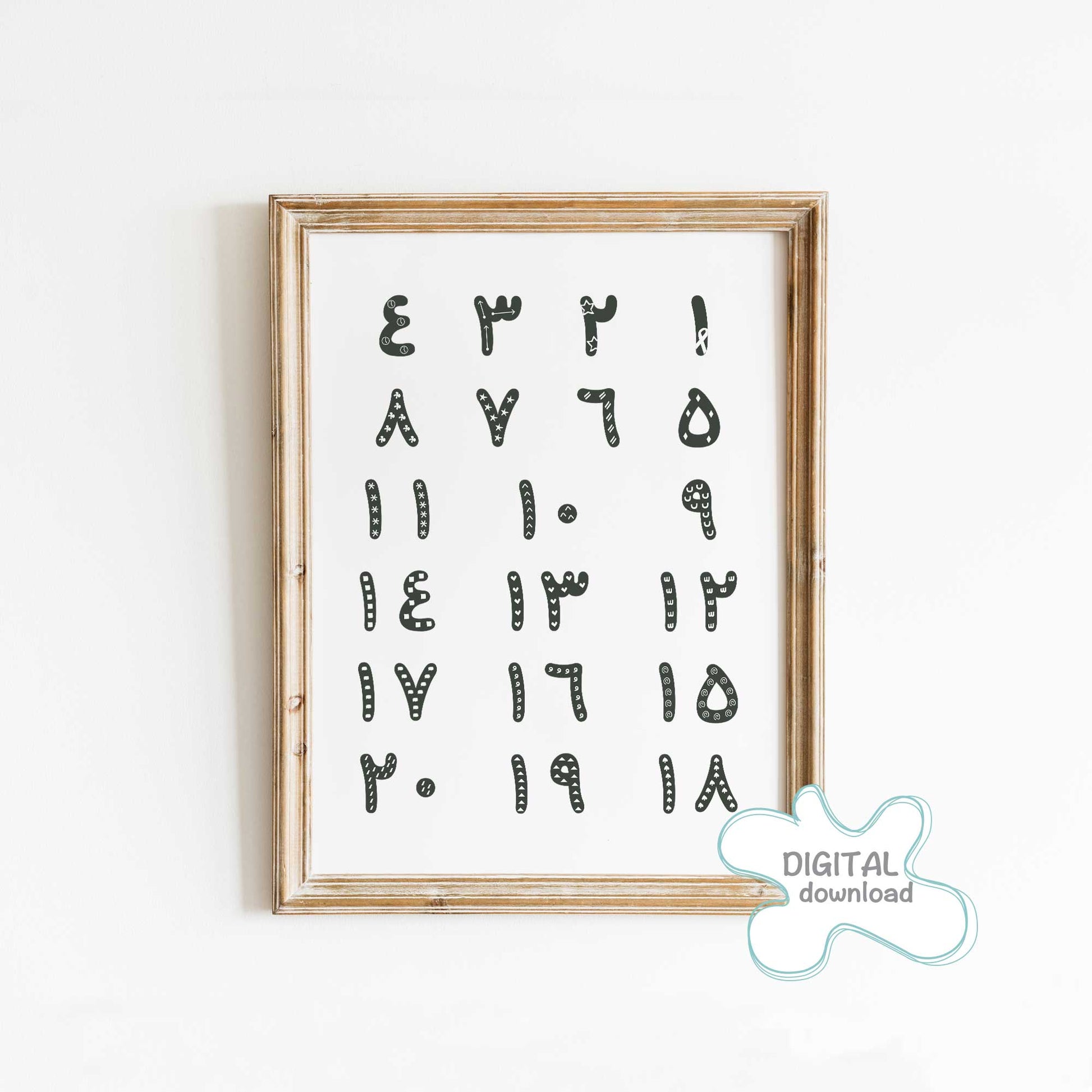 Arabic Numbers Printable Poster · لوحة الأرقام العربية – minimalist grey numbers on white background, educational wall art for kids.