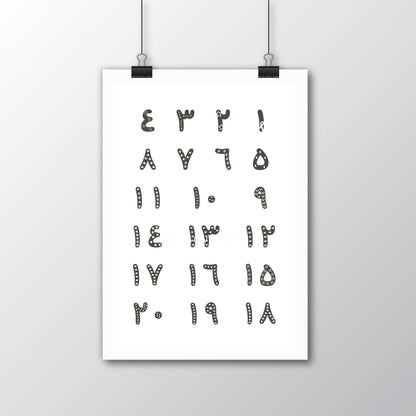 Arabic Numbers Poster · لوحة تعليم الأرقام – elegant grey and white printable design for nursery or homeschool decor.