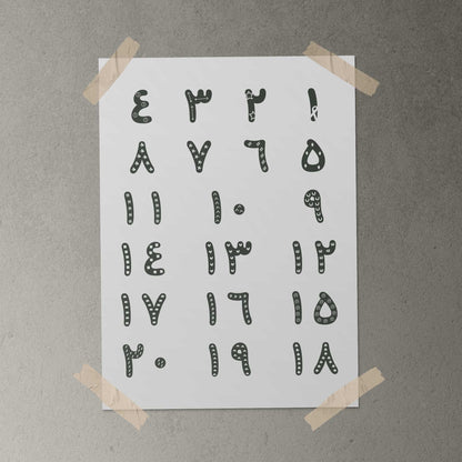 Framed Arabic Numbers Poster · لوحة الأرقام العربية – neutral grey Arabic numerals ٠–٩ on white background, digital download.