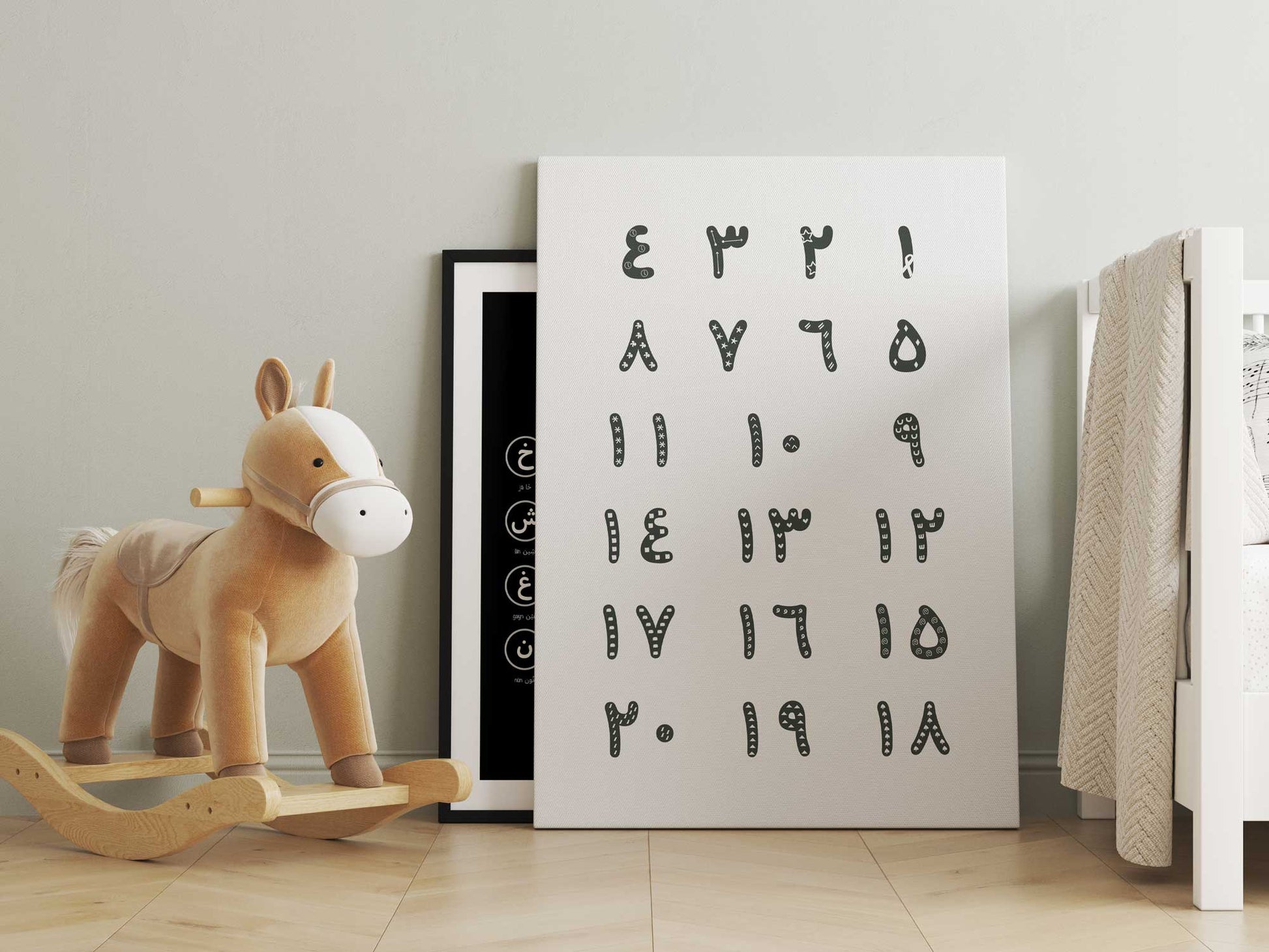 Arabic Numbers Educational Poster – simple grey tones on white wall art for kids’ rooms, designed by NicePick.
