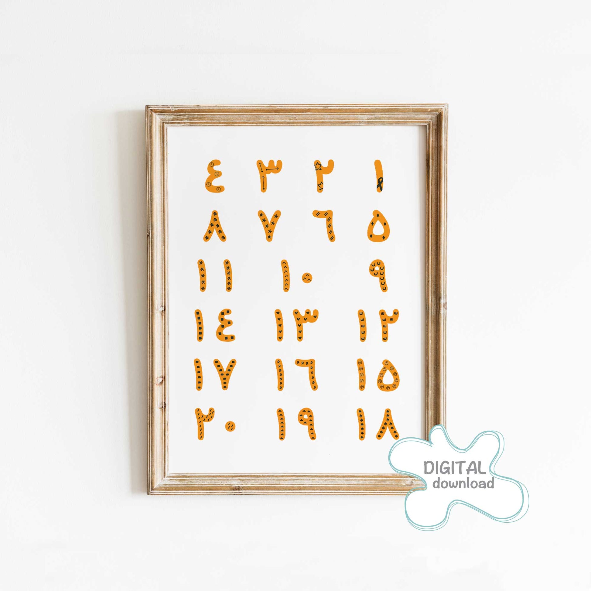 Arabic Numbers Printable Poster · لوحة الأرقام العربية – orange and black numbers on white background, educational wall art for kids.