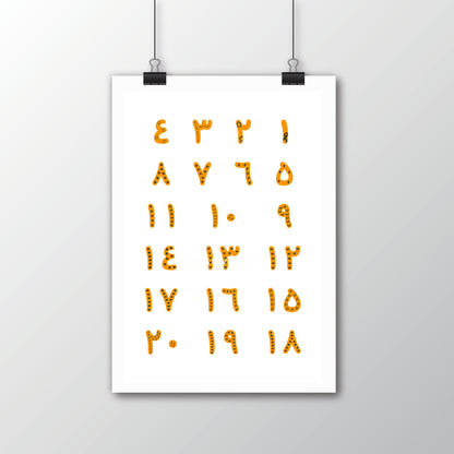 Arabic Numbers Poster · لوحة تعليم الأرقام – modern orange and black printable wall art for nursery and homeschool decor.
