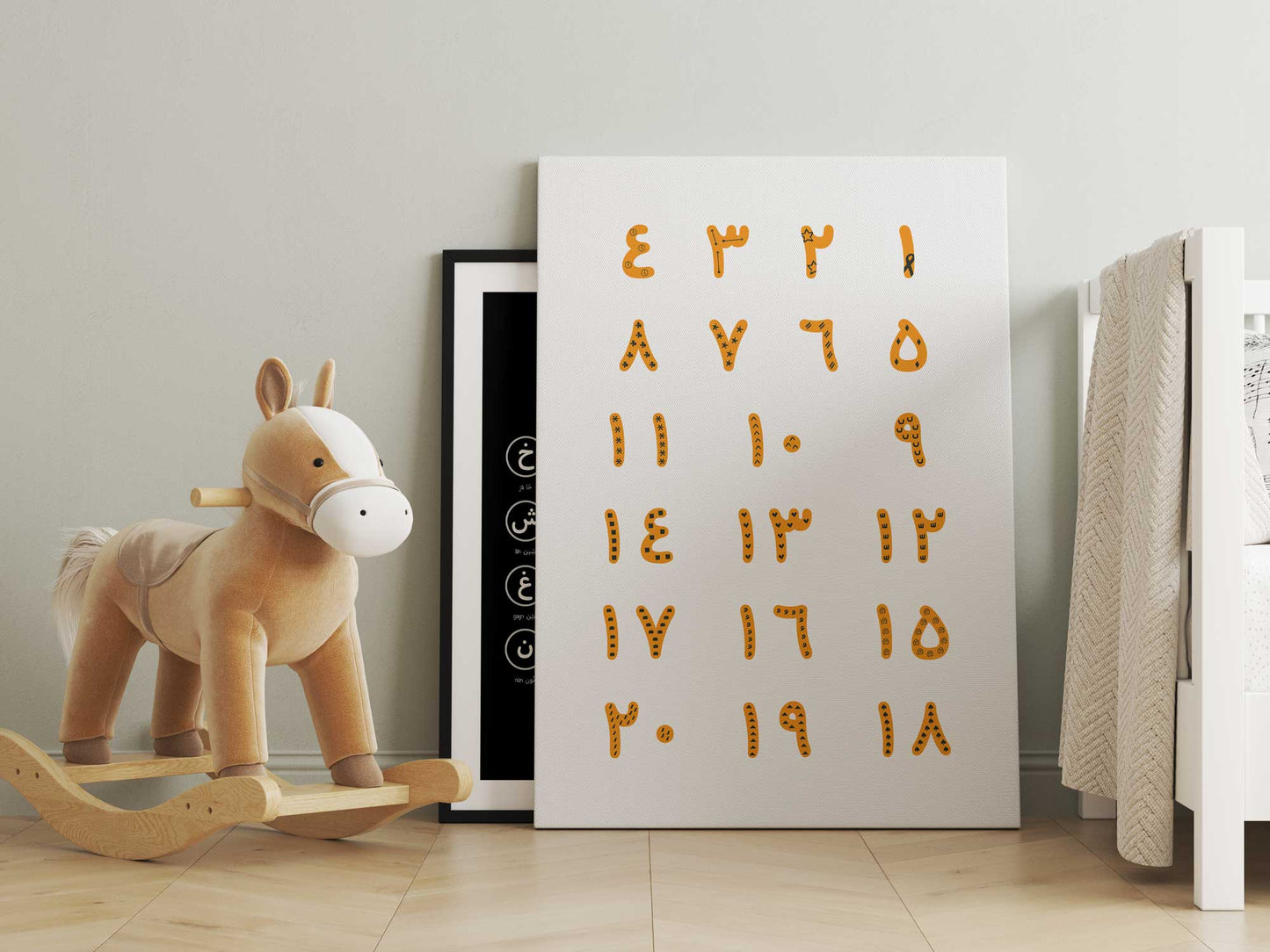 Arabic Numbers Educational Poster – vibrant orange and black tones on white background, digital download by NicePick.