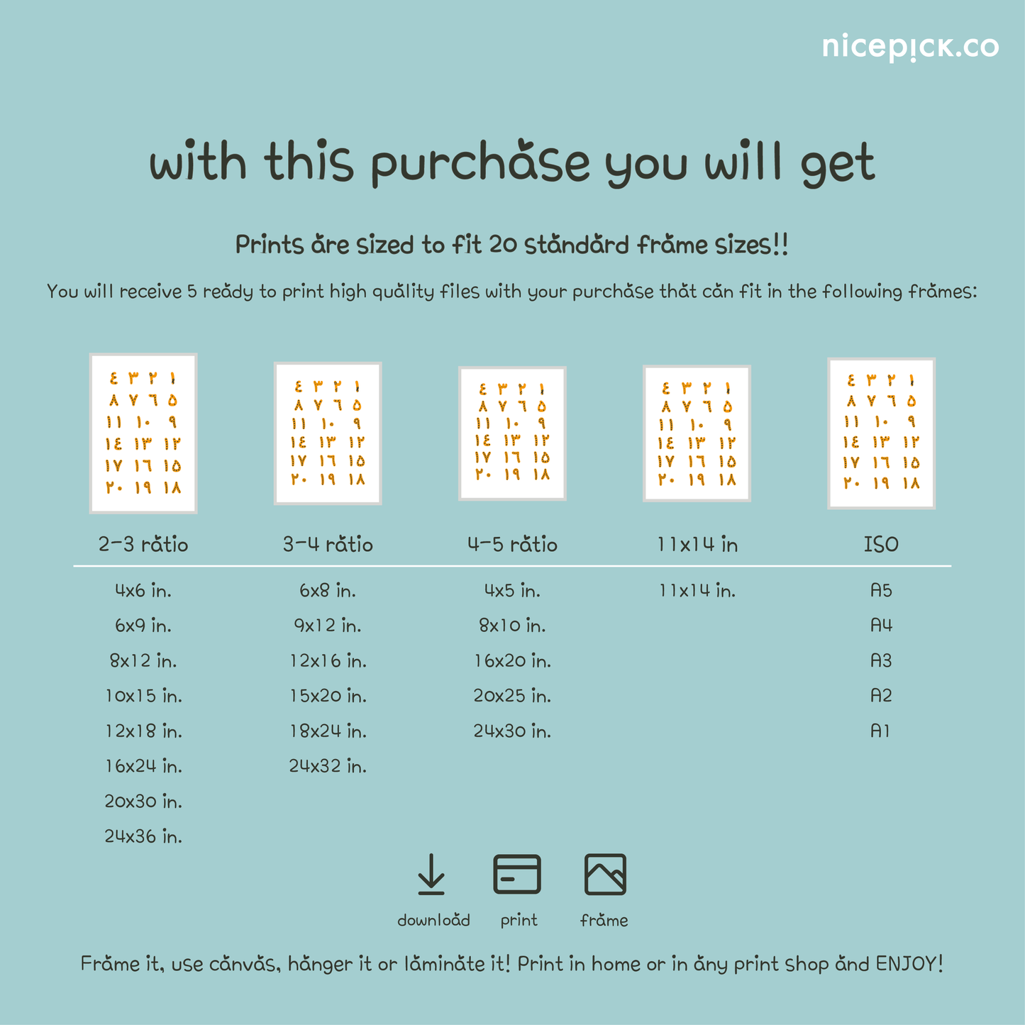 NicePick Arabic Numbers Printable Poster · لوحة الأرقام العربية – orange and black digital educational wall decor for kids.