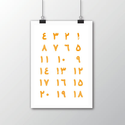 Arabic Numbers Poster · لوحة تعليم الأرقام – bright orange and white printable artwork for nurseries and learning spaces.