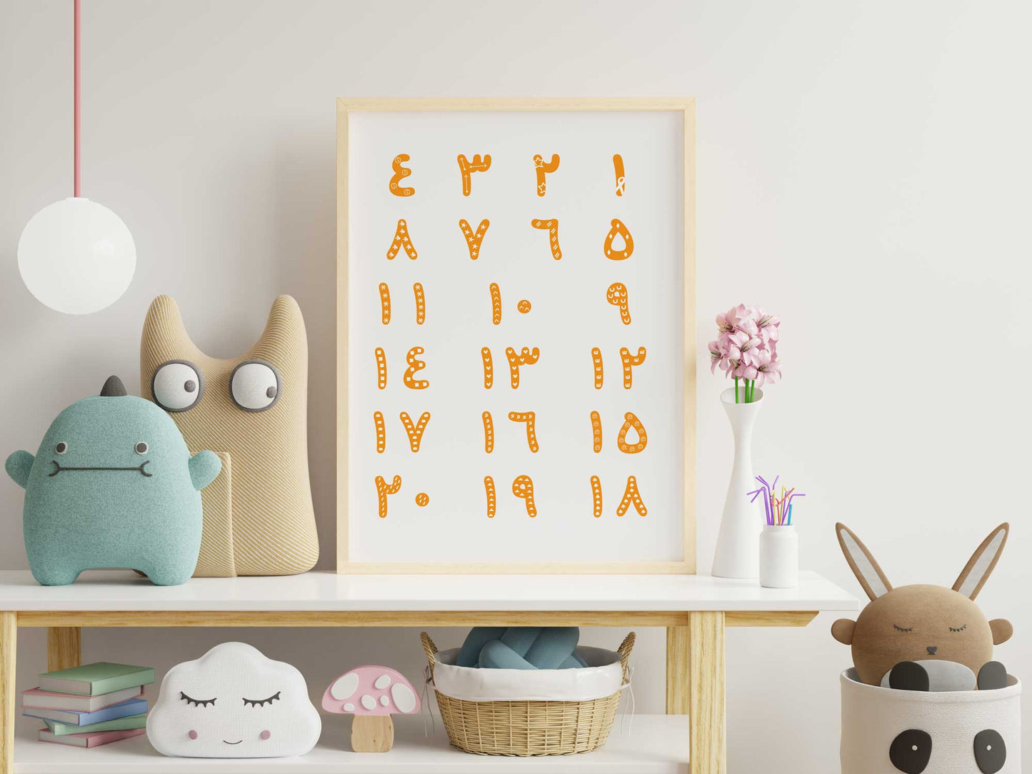 لوحة الأرقام العربية · Arabic Numbers Wall Art – minimalist orange and white printable with Arabic numerals and English transcription.