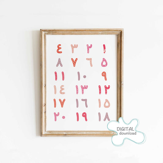 Arabic Numbers Printable Poster · لوحة الأرقام العربية – pink Arabic numerals on white background, minimalist educational wall art for kids.