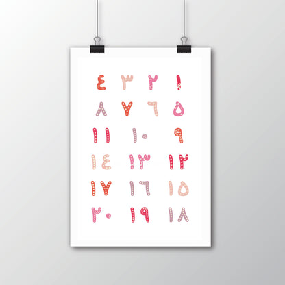 Arabic Numbers Poster · لوحة تعليم الأرقام – soft pink tones on white printable artwork, perfect for nursery or girls’ room decor.