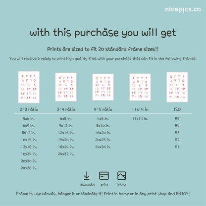 NicePick Arabic Numbers Printable Poster · لوحة الأرقام العربية – pink and white minimalist digital wall decor for kids’ rooms.