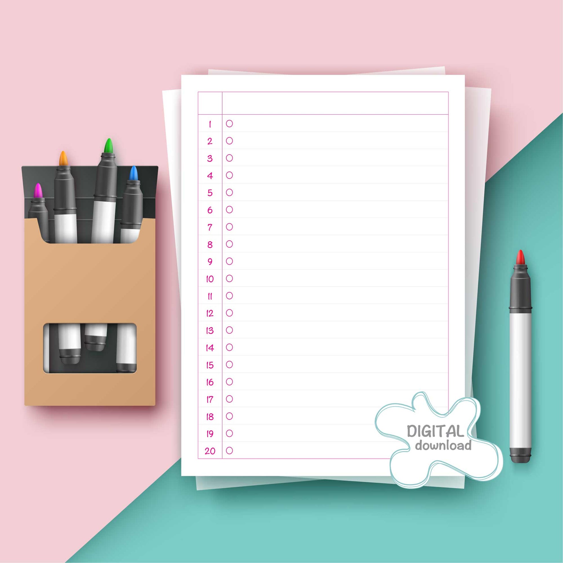 Minimal To-Do List Printable · قائمة المهام – pink and white daily planner page with numbered checklist circles, digital download for kids and adults.