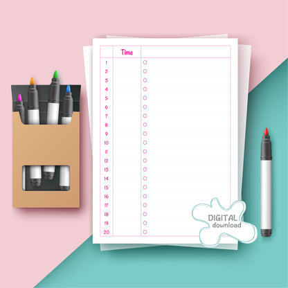 Time To-Do List Printable · قائمة المهام مع الوقت – pink and white planner page with “Time” column and numbered checklist, digital download for kids and adults.