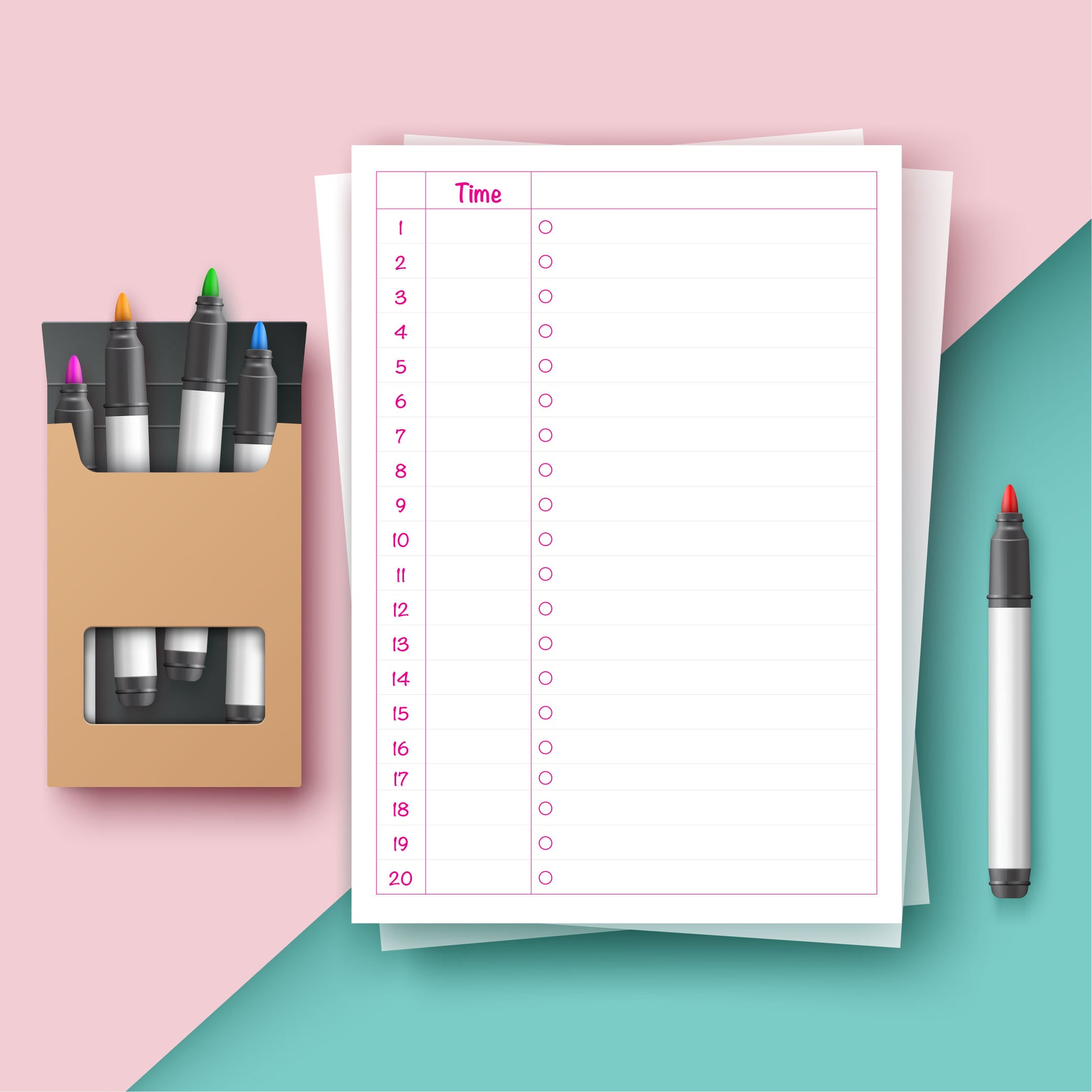 Printable Daily Schedule · قائمة المهام مع الوقت – pink and white planner design for writing times and tasks, instant digital download by NicePick.