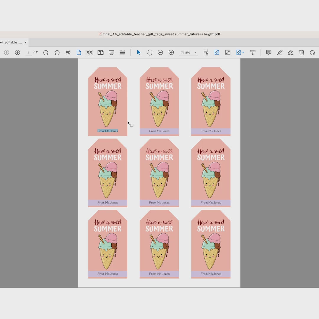 summer student gift tags printable with editable teacher name for end of year classroom gifts