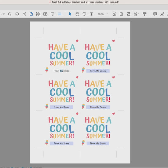 summer student gift tags printable with editable teacher name for end of year classroom gifts, teacher bubbles