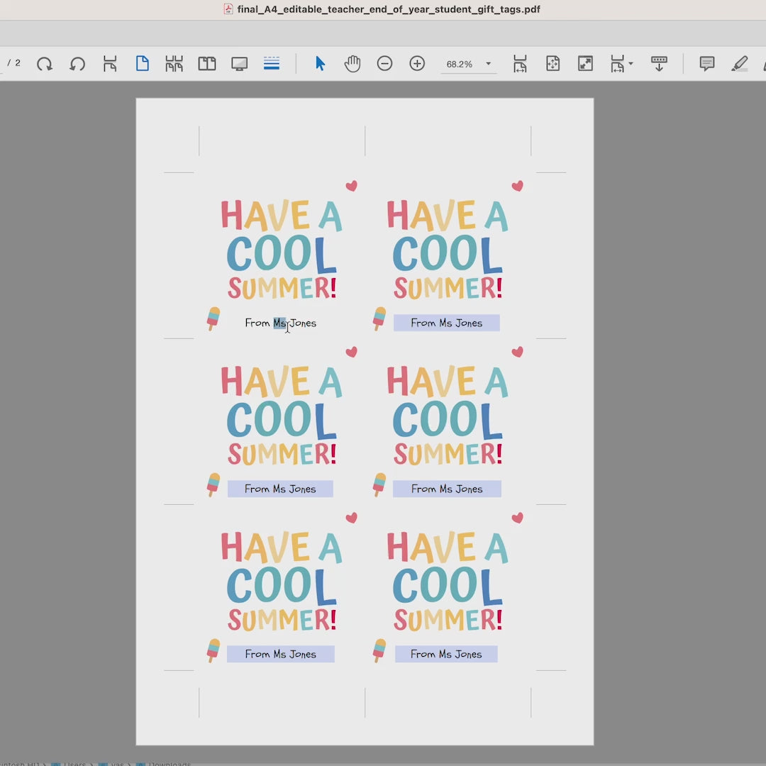 summer student gift tags printable with editable teacher name for end of year classroom gifts, teacher bubbles