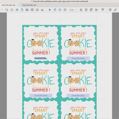 you are one smart cookie gift tag printable with editable teacher name for student gifts
