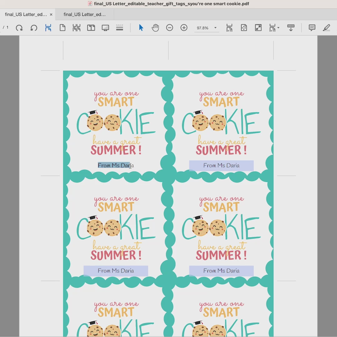 you are one smart cookie gift tag printable with editable teacher name for student gifts