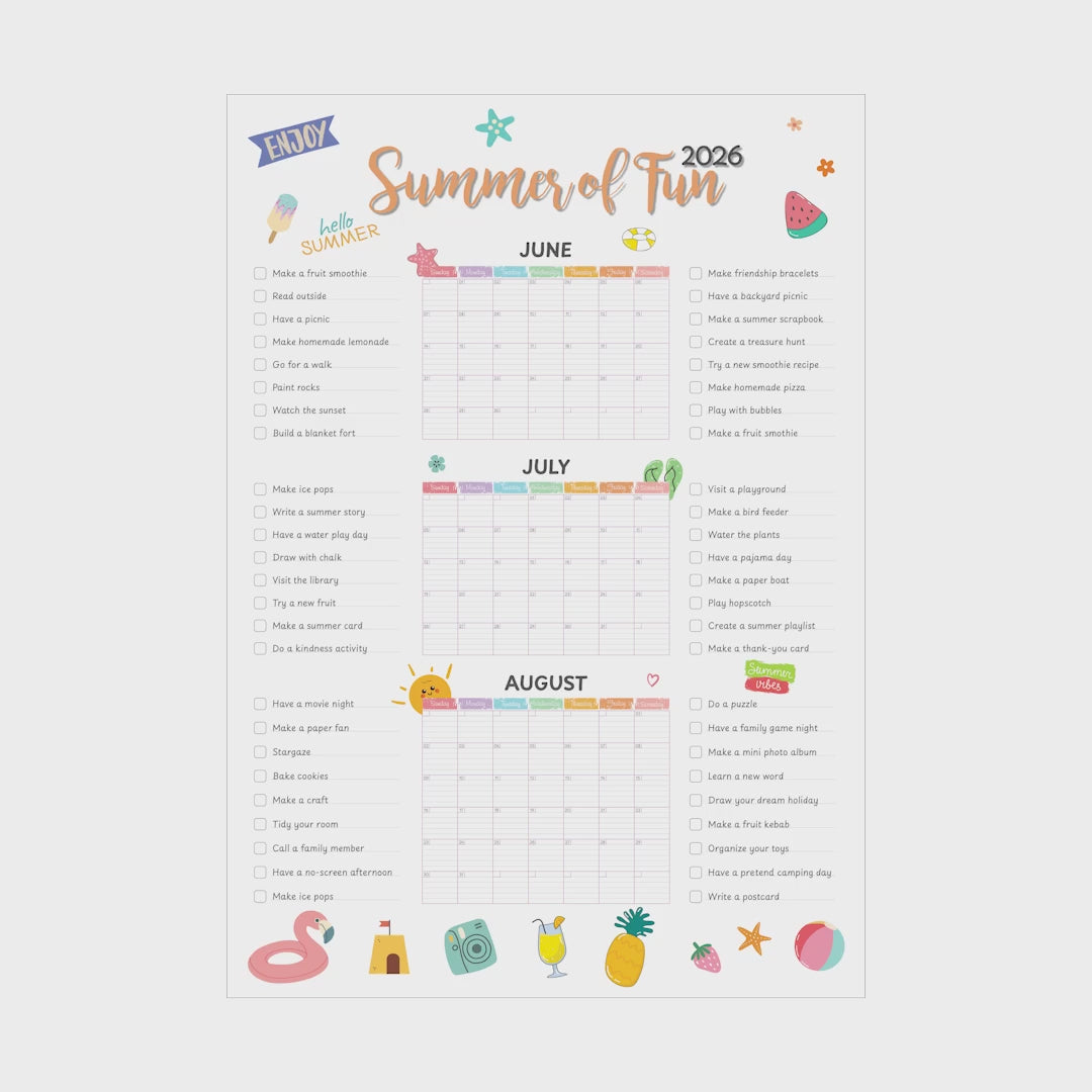 printable summer bucket list calendar for family activities and summer break