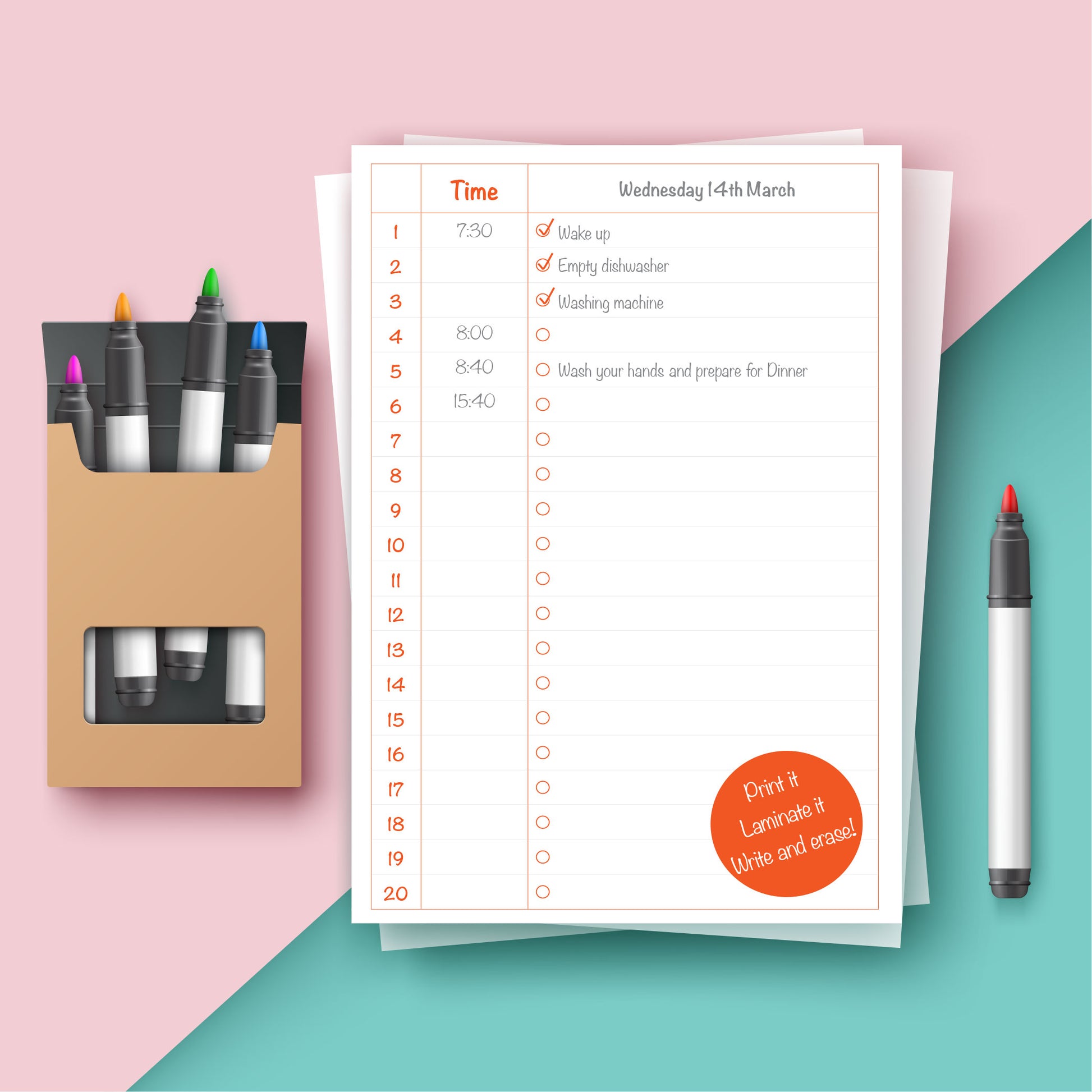 Red Time Planner Printable · قائمة المهام اليومية – vibrant red daily to-do list with time slots 1–20, printable worksheet for work or school.