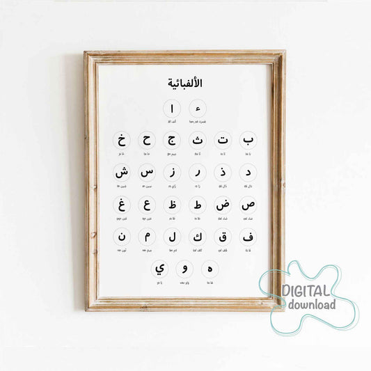 Arabic Alphabet Printable Poster · لوحة الحروف العربية – minimalist white background design featuring 29 Arabic letters with English transcription, digital wall art for kids.