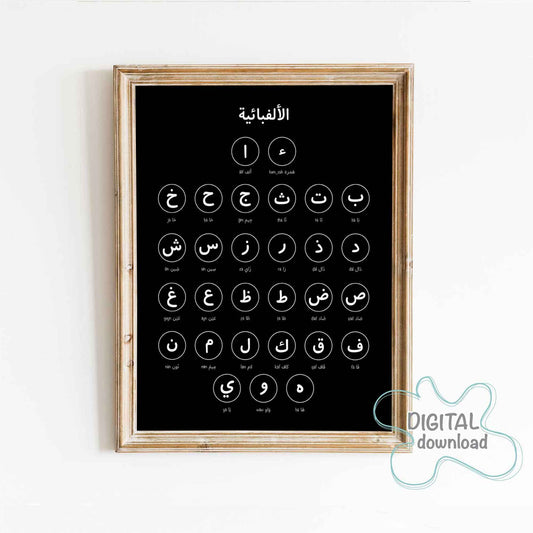 لوحة الحروف العربية · Arabic Alphabet Printable Poster – elegant black background with white Arabic letters and English transliteration, educational wall art for kids.
