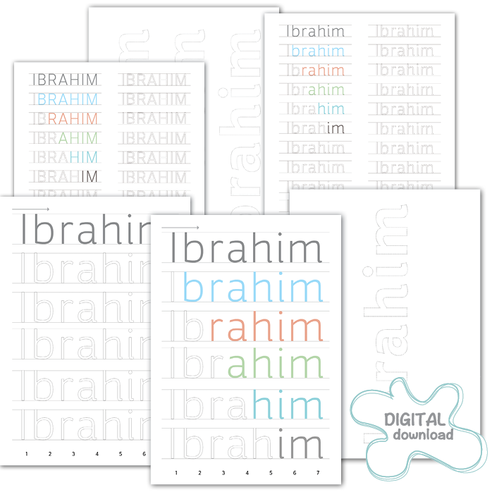 Personalized English name writing practice – printable handwriting worksheet for preschool and kindergarten children.