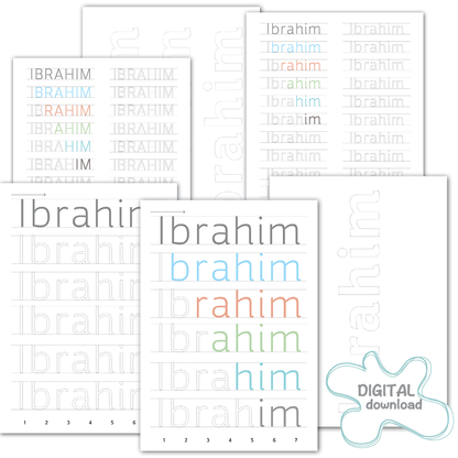 Personalized English name writing practice – printable handwriting worksheet for preschool and kindergarten children.