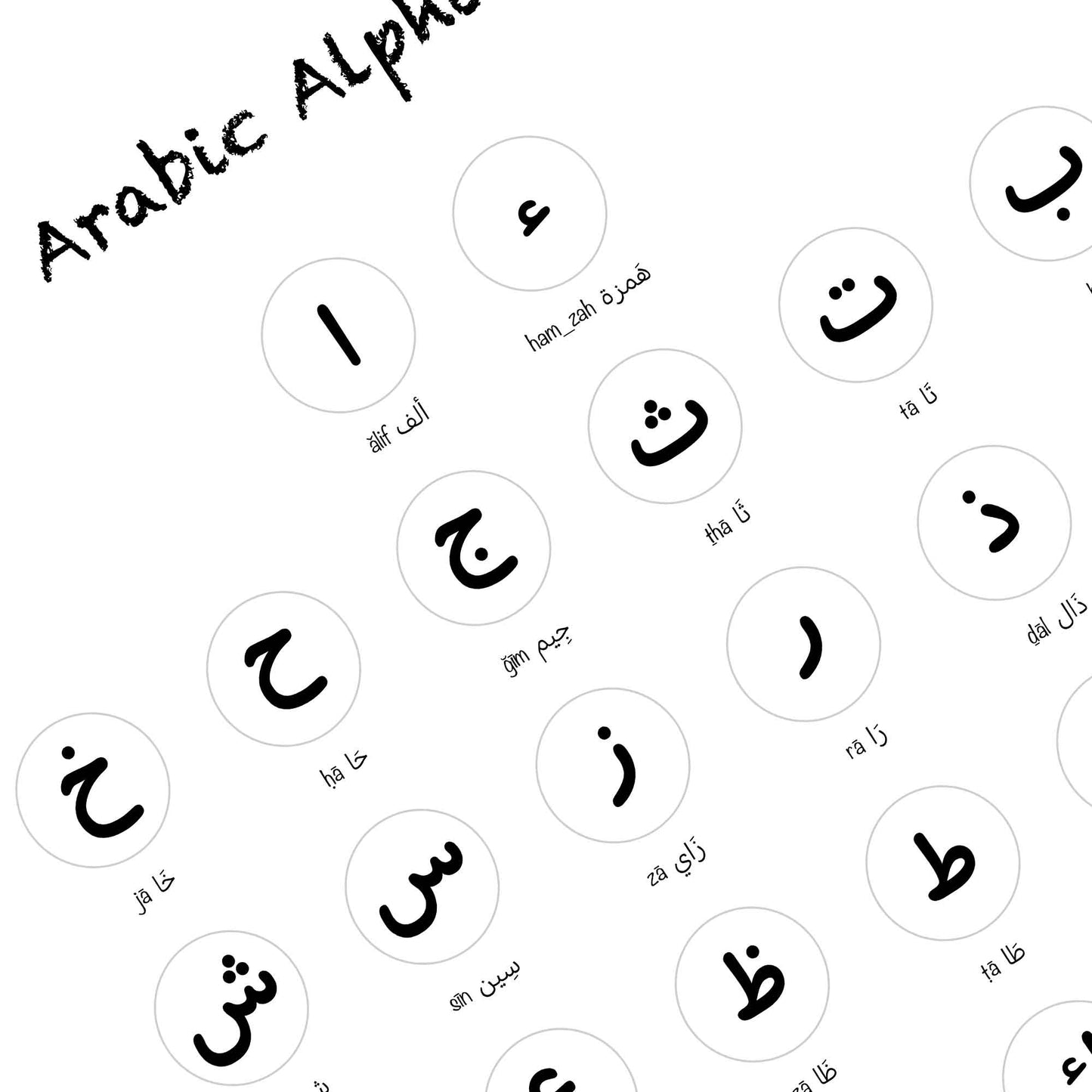 Arabic alphabet nursery print with soft neutral tones, perfect wall art for baby room or preschool classroom.